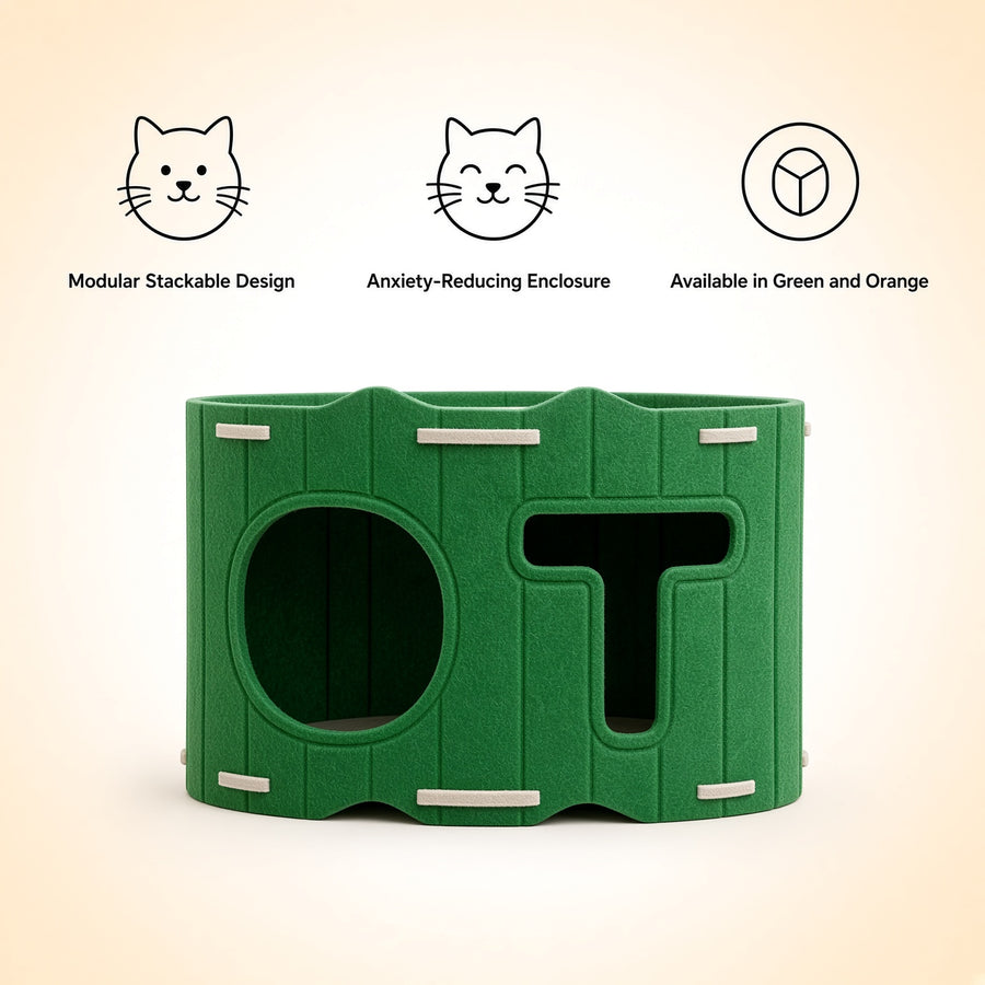 Green modular cat house shown on a light beige background with three feature icons and text above: modular stackable design, anxiety-reducing enclosure, and available in green and orange.