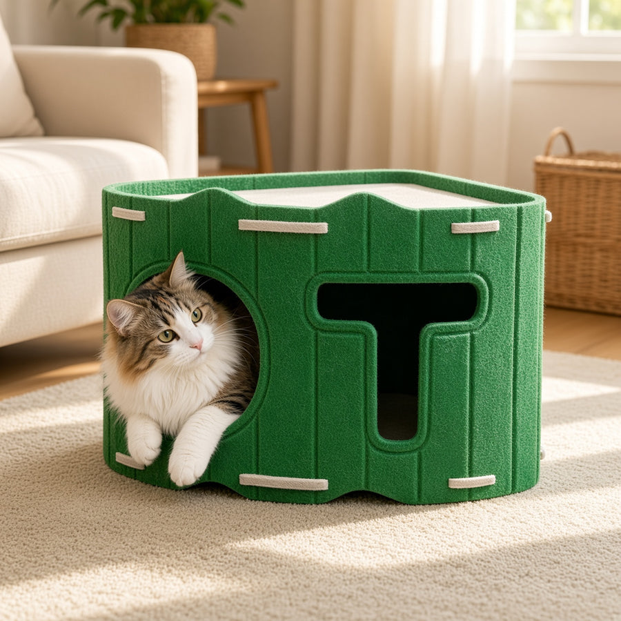 A long-haired white and brown cat sits inside a green cat hideaway house with a soft top platform, placed on a beige carpet in a bright living room.