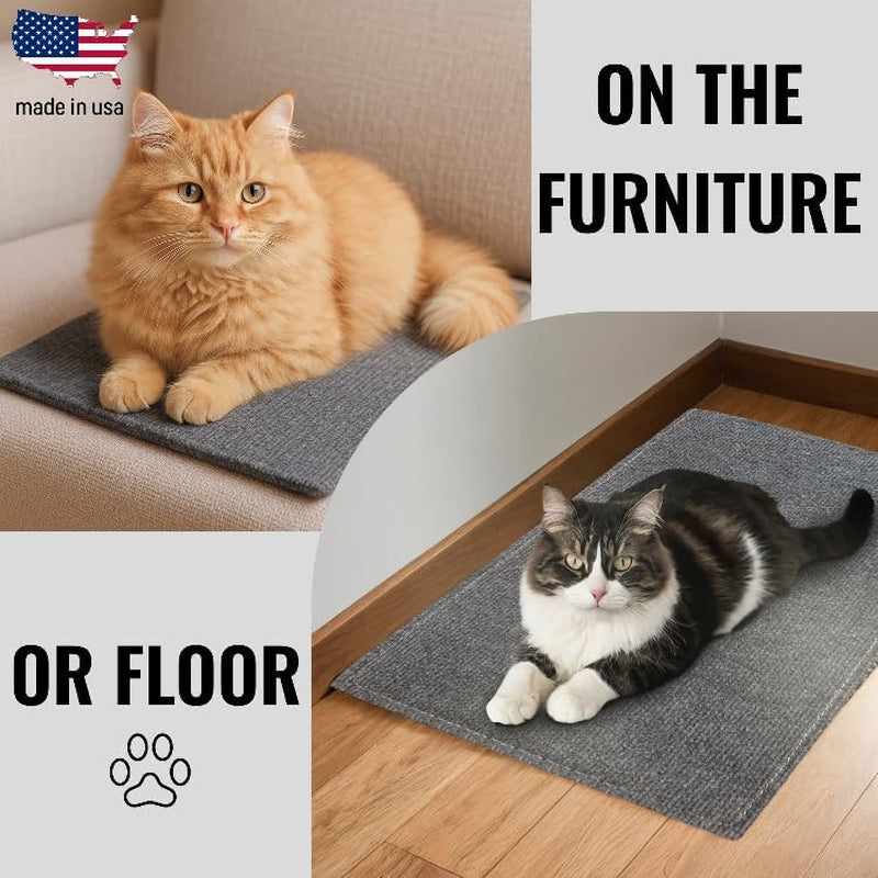 An image showing two cats laying on the Multi-Surface Cat Scratcher being used on the floor and furniture as well as the Walls and Corner with descriptive text overlaying that says " Made in the USA, use on the furniture or floor too"