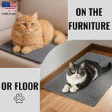 An image showing two cats laying on the Multi-Surface Cat Scratcher being used on the floor and furniture as well as the Walls and Corner with descriptive text overlaying that says " Made in the USA, use on the furniture or floor too"