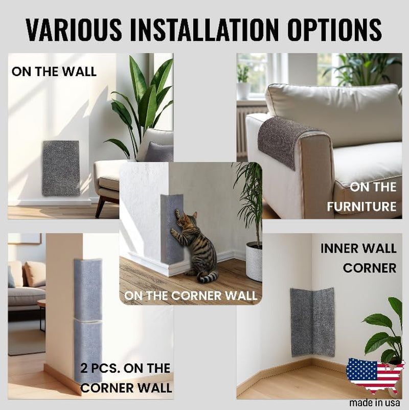 Various images of the Multi-Surface Cat Scratcher showing that it can also be used on the wall, on the corner, on the furniture, on an inner corner, or multiple can be stacked on top of each other