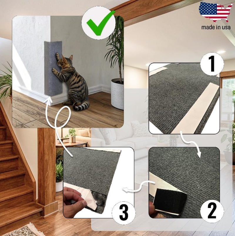 A step by step instruction image of the Multi-Surface Cat Scratcher detailing how to install the product