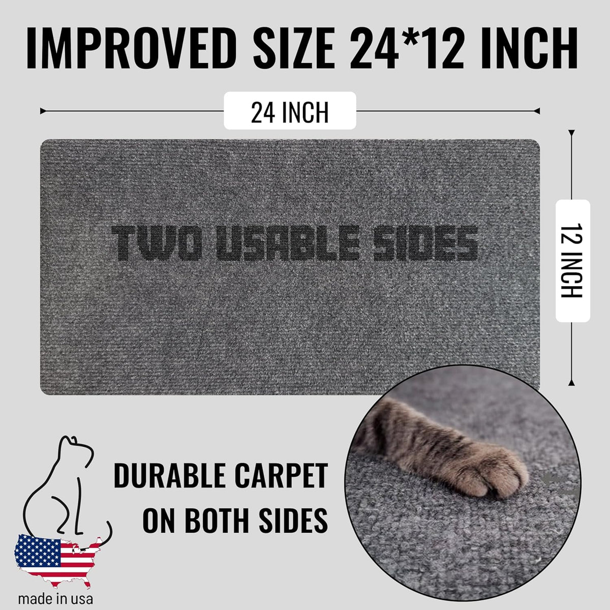 An image of the Multi-Surface Cat Scratcher showing its dimensions as well as detailing that it has two usable sides