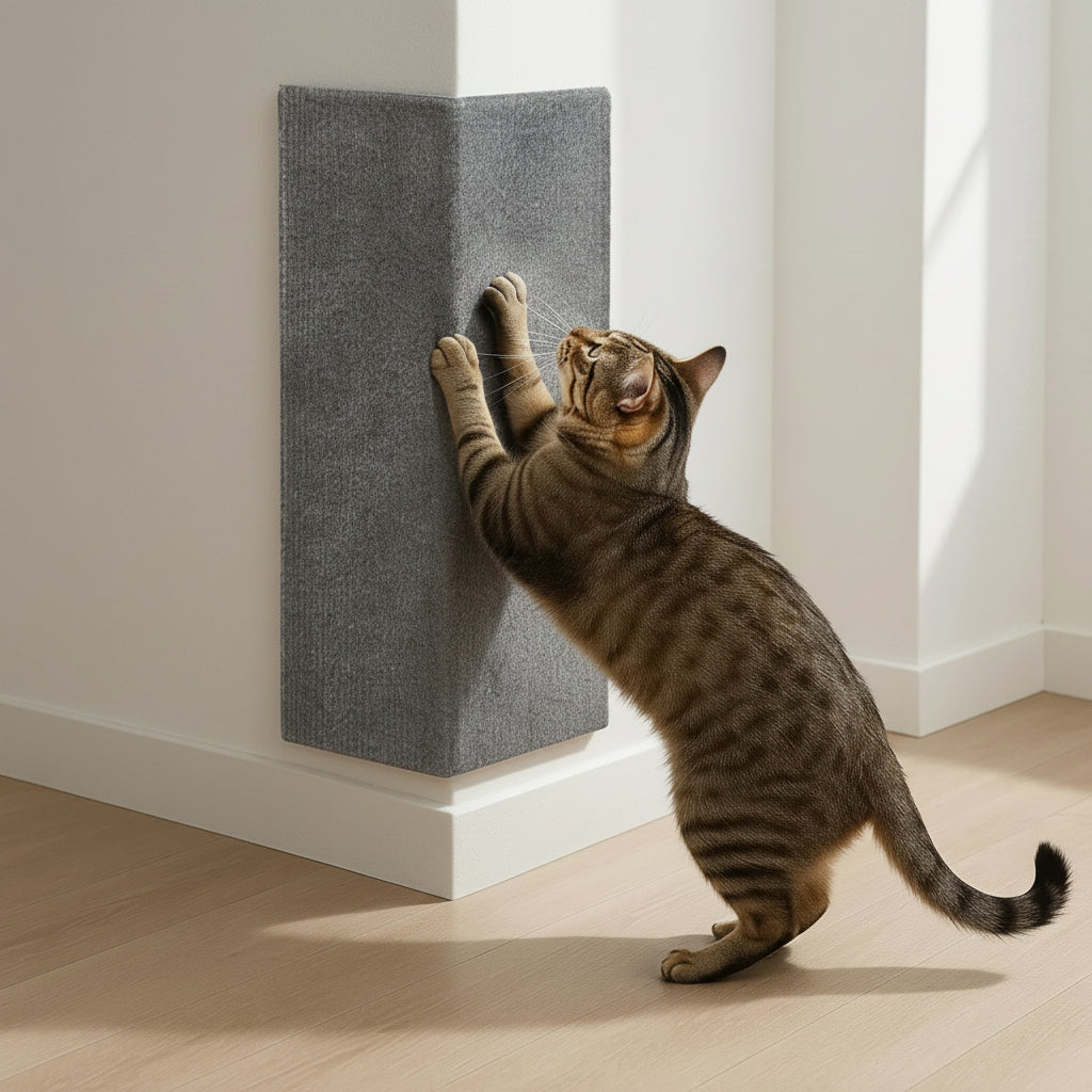 A cat using the Multi-Surface Cat Scratcher while it is placed on an outer corner of a wall