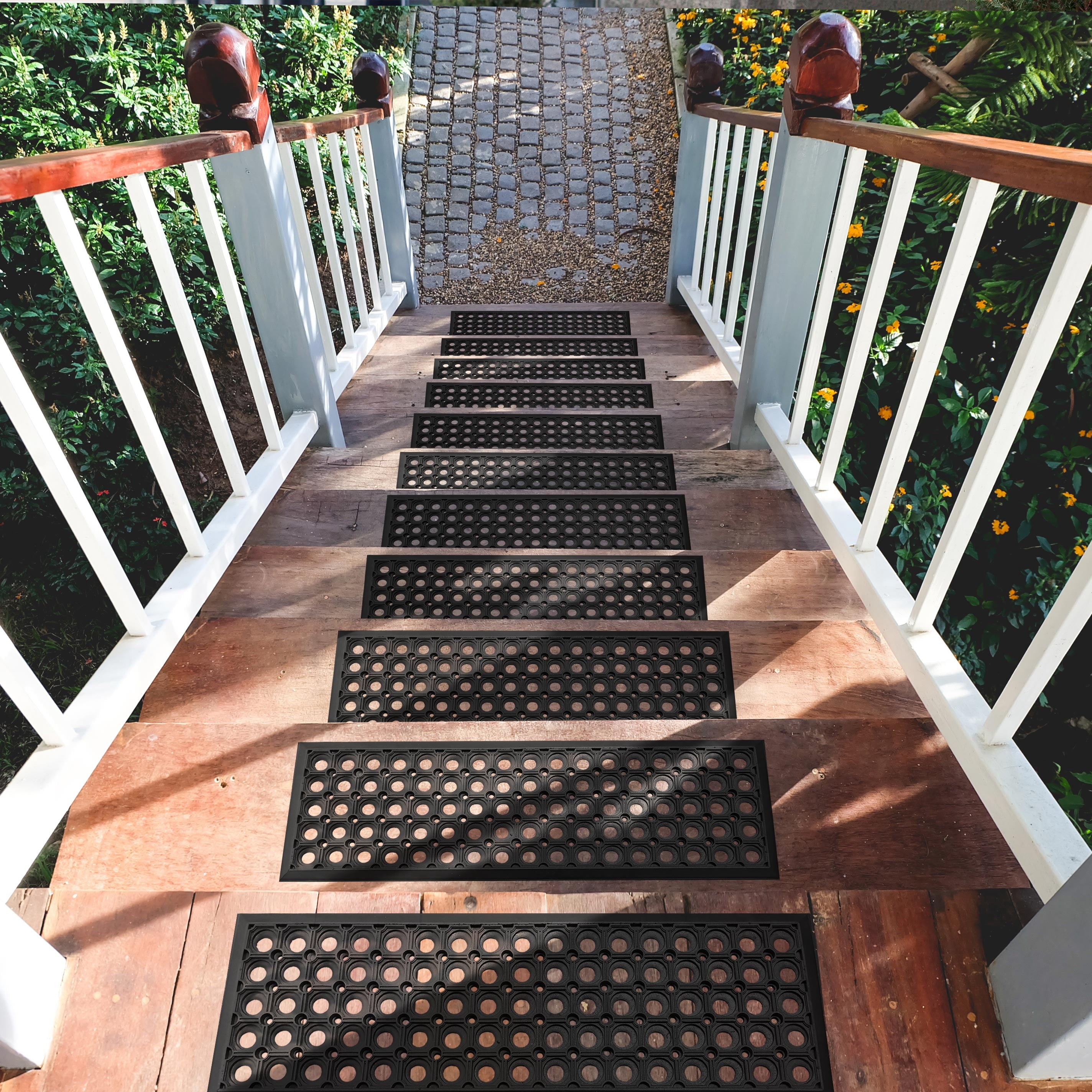 Outdoor Rubber Stair Treads 10" X 30" (5 Pack) – Non-Slip Stair Mats, Black Perforated