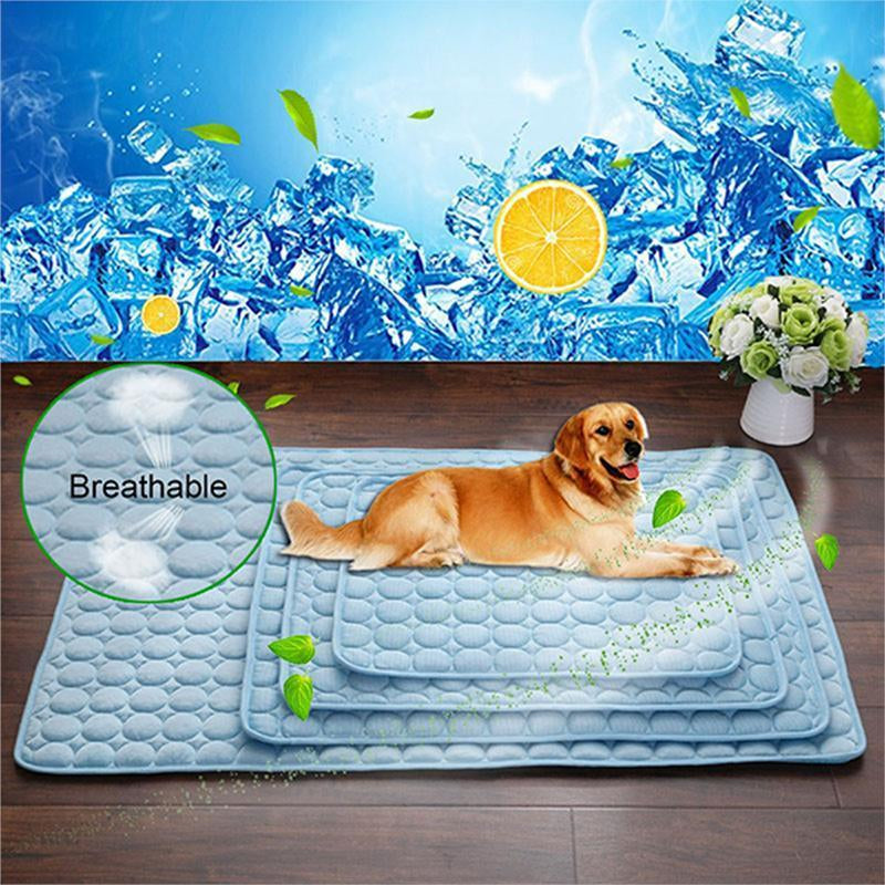 A dog laying on various sizes of the light blue pet cooling mat with a zoom in lense that says "breathable"