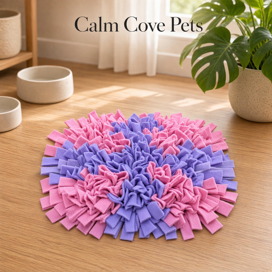 A square pet snuffle mat made of pink and purple felt strips, arranged in a purple plus sign with pink corners on a light wood floor. The background shows a cozy room setting with a potted monstera plant, ceramic bowls, and a window, with the text 'Calm Cove Pets' at the top.