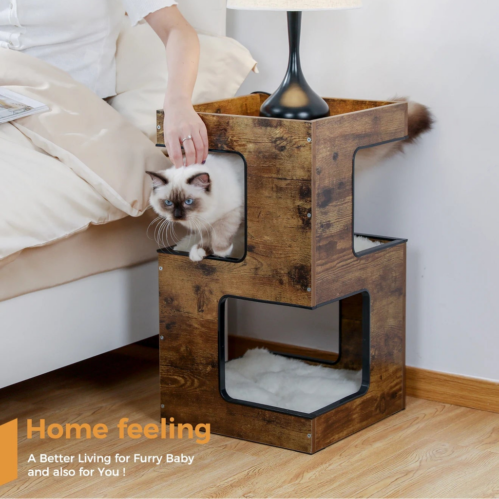 Wood Cat Condo House Bed with Scratching Pad