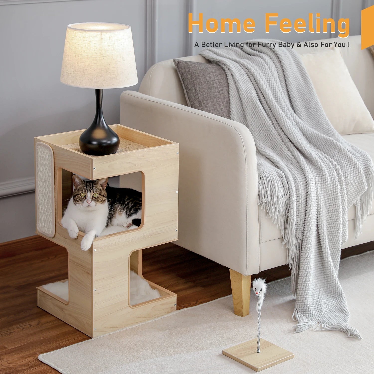Wood Cat Condo House Bed with Scratching Pad