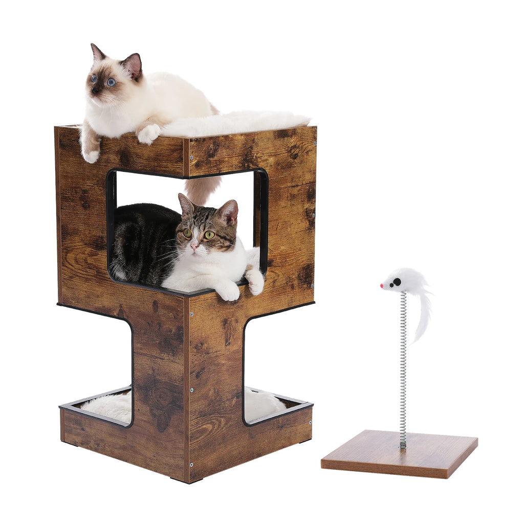 Wood Cat Condo House Bed with Scratching Pad