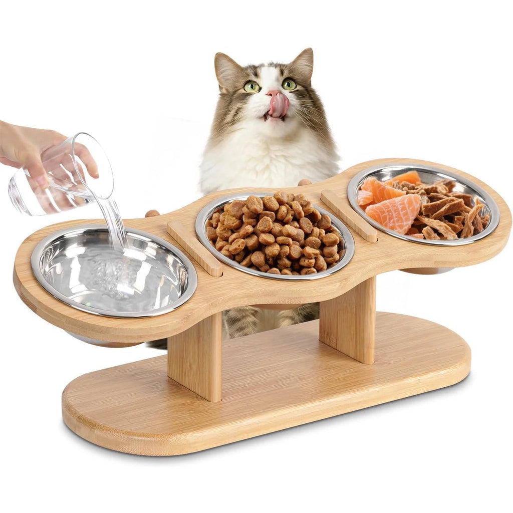 Elevated 3-Bowl Wood Stand Cat Feeder