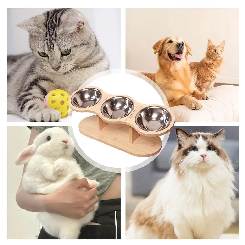 Elevated 3-Bowl Wood Stand Cat Feeder