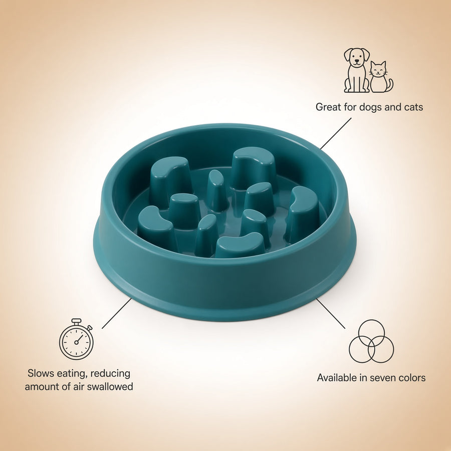 A teal slow-feeding pet bowl shown on a warm beige gradient background with callout lines and icons explaining benefits: great for dogs and cats, slows eating, and available in seven colors.