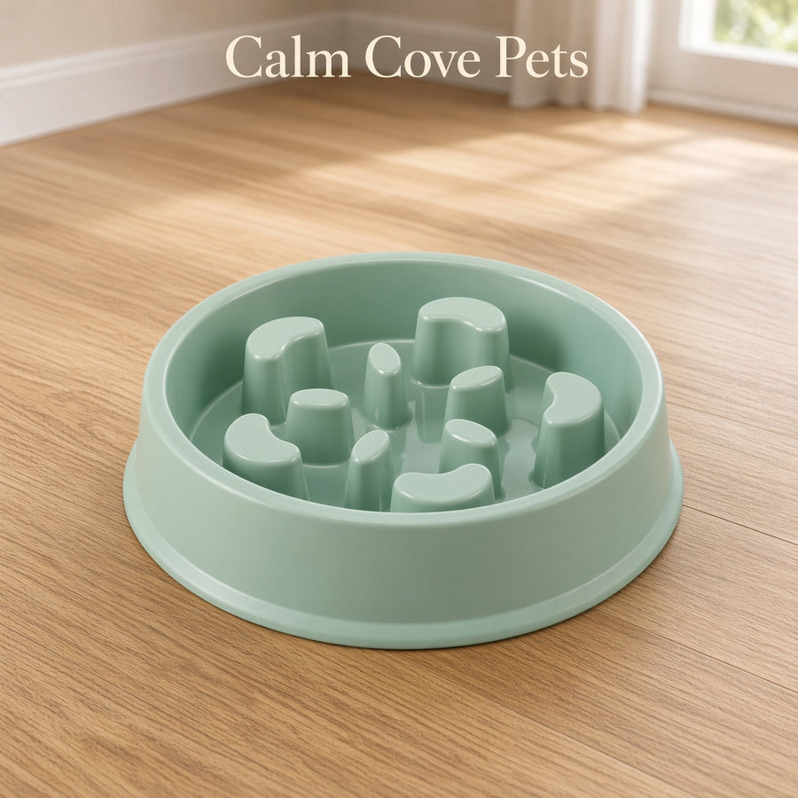 A light mint green pet slow feeder bowl with a textured, raised anti-slip design, shown on a light wood floor with the text 'Calm Cove Pets' at the top.