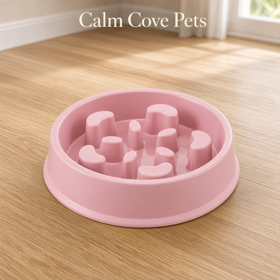 A pink slow feeder pet bowl with raised textured nubs inside, placed on a light wood floor near a window. The text 'Calm Cove Pets' appears at the top.