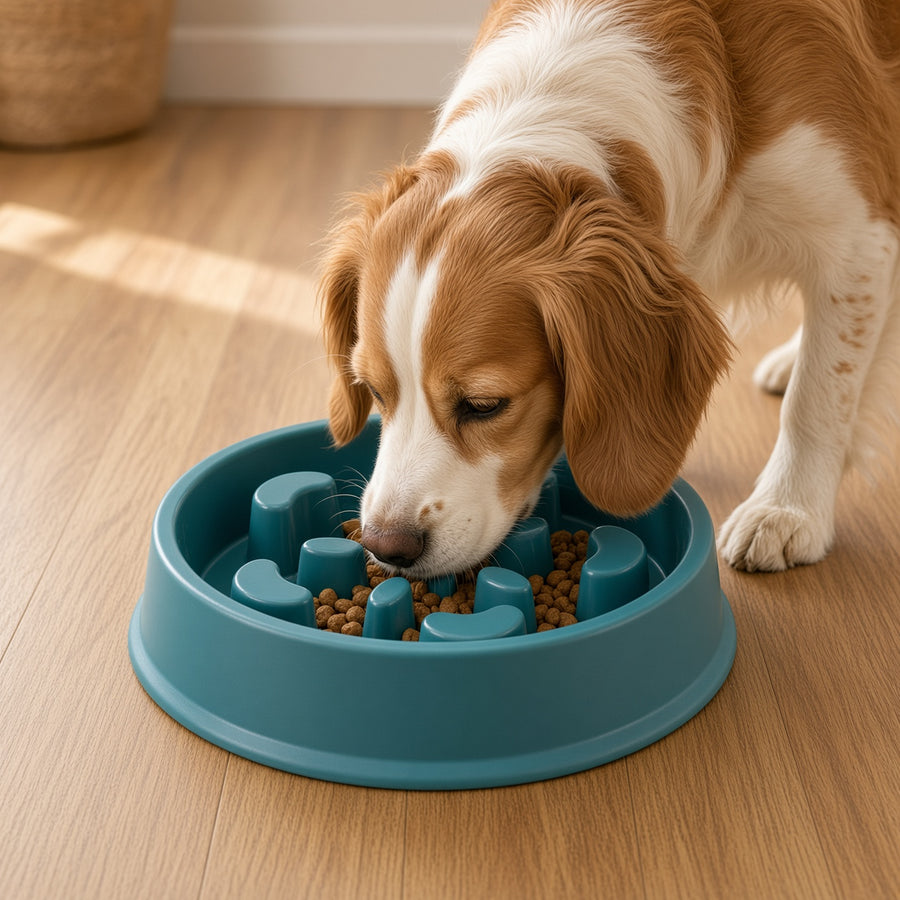 A brown and white dog eating from a teal blue high-sided slow feeder bowl on a light wood floor.