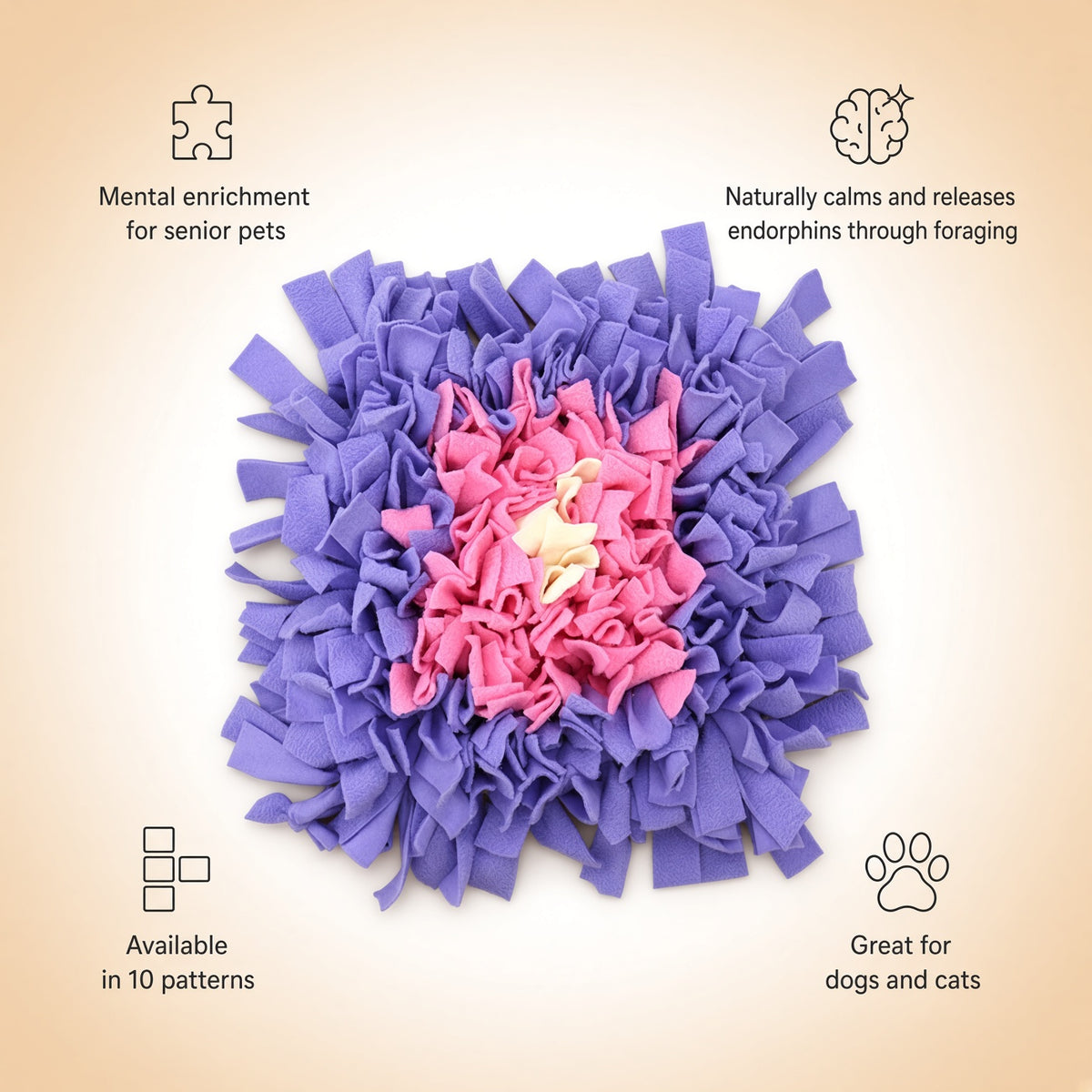 A top-down view of a purple and pink snuffle mat with a small cream-colored center, surrounded by informational text overlays on a beige gradient background.