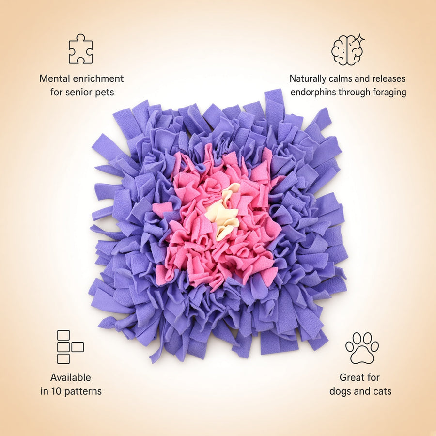 A top-down view of a purple and pink snuffle mat with a small cream-colored center, surrounded by informational text overlays on a beige gradient background.
