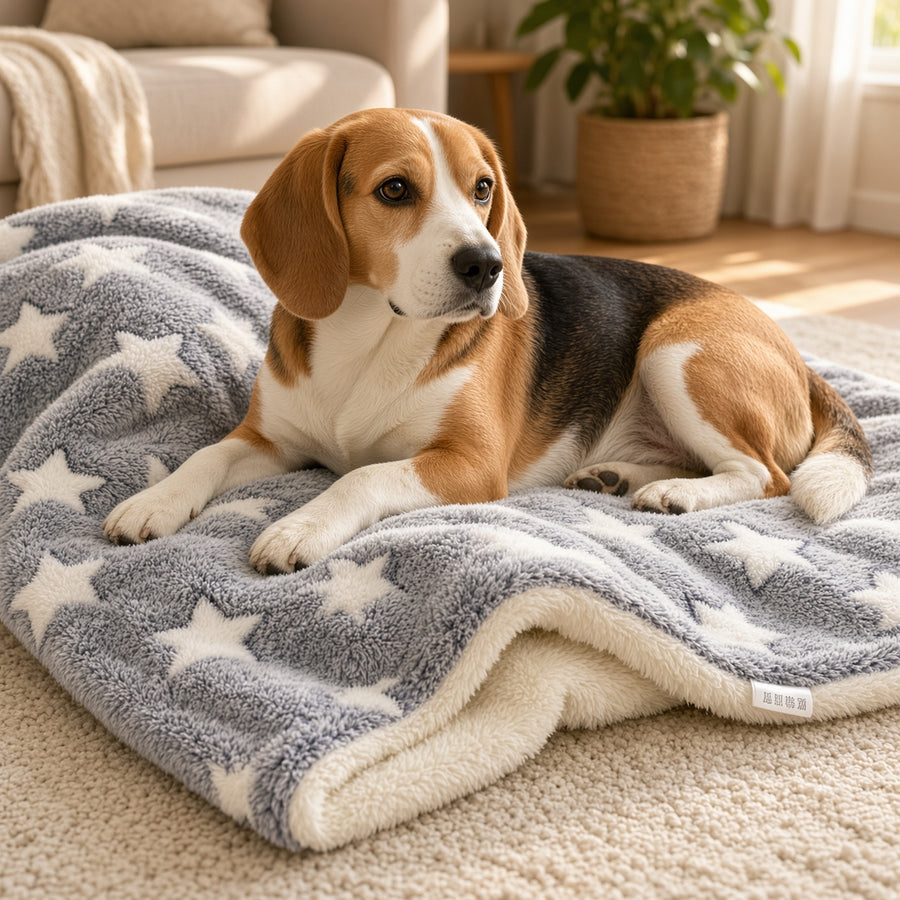 A beagle dog lies on a plush gray pet anxiety blanket with white stars in a cozy living room setting.