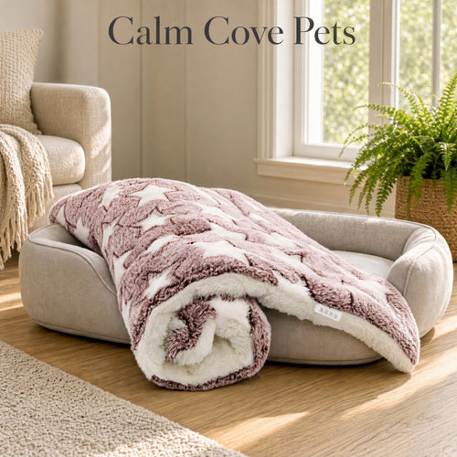 A rolled plush pink pet anxiety blanket with a dusty mauve and cream star pattern draped over a beige pet bed in a bright, sunlit living room. The text 'Calm Cove Pets' is displayed at the top.