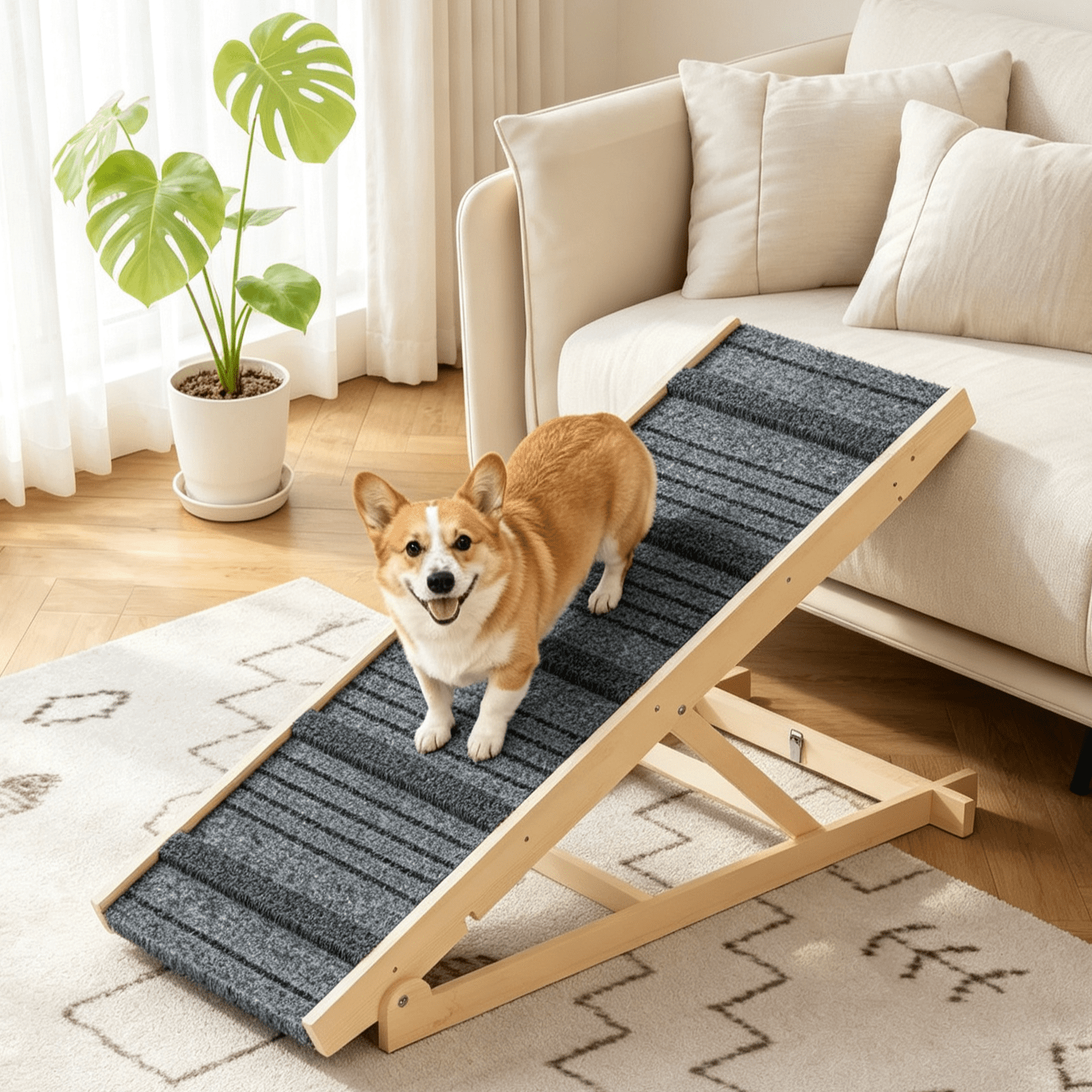 Dog Ramp for Bed W/ 7 Adjustable Heights, Folding Pet Ramp for Small, Large & Cats W/ Non-Slip Surface & Strip, Height from 10.2" to 26.8"(Supports up to 150Lbs)