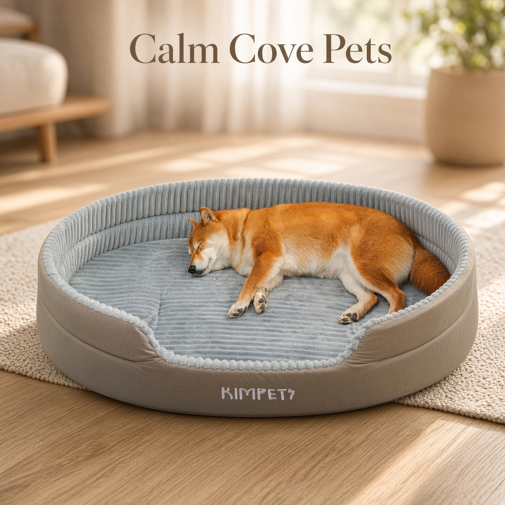 A Shiba Inu dog sleeps soundly inside a round, light blue ribbed pet bed with a gray exterior, placed on a beige rug in a bright, sunlit room. The text 'Calm Cove Pets' is displayed at the top, and the brand  is printed on the front of the bed.