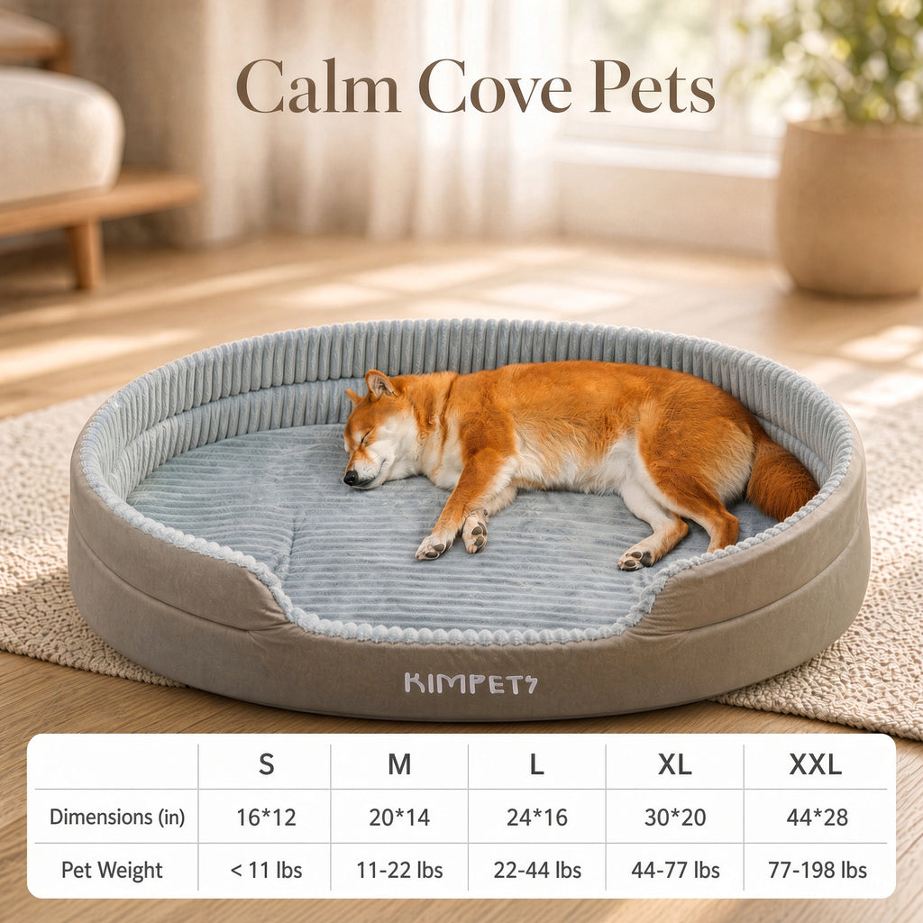 A dog bed with a sleeping orange-and-white dog inside, shown in a softly lit room. Text at the top reads 'Calm Cove Pets,' and a size chart at the bottom lists dimensions and pet weight for S through XXL.