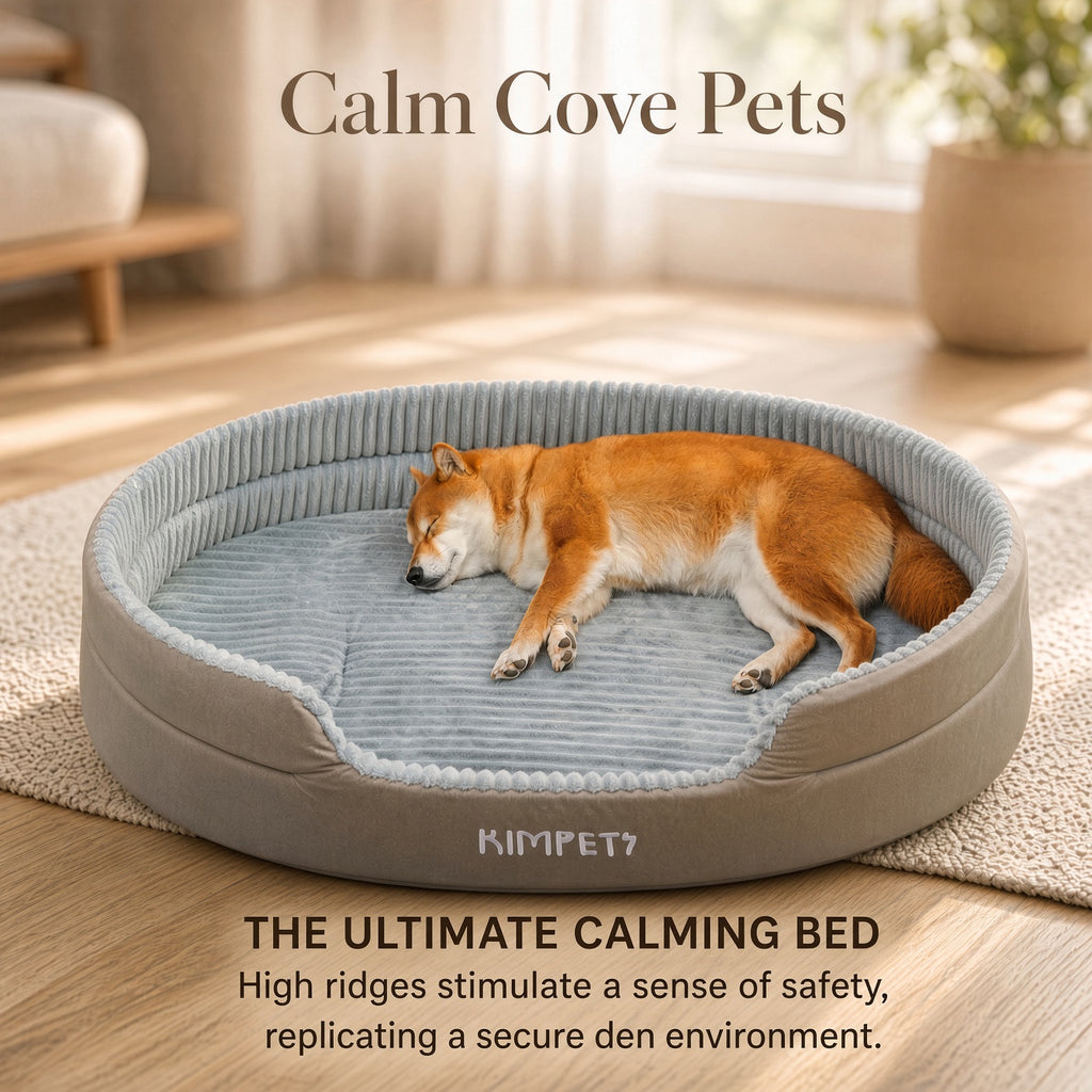 A sleeping Shiba Inu dog rests inside a round inflatable pet bed with a gray ribbed interior and beige exterior, placed on a rug in a sunlit room. Text overlays read 'Calm Cove Pets' and 'THE ULTIMATE CALMING BED' with descriptive copy below.
