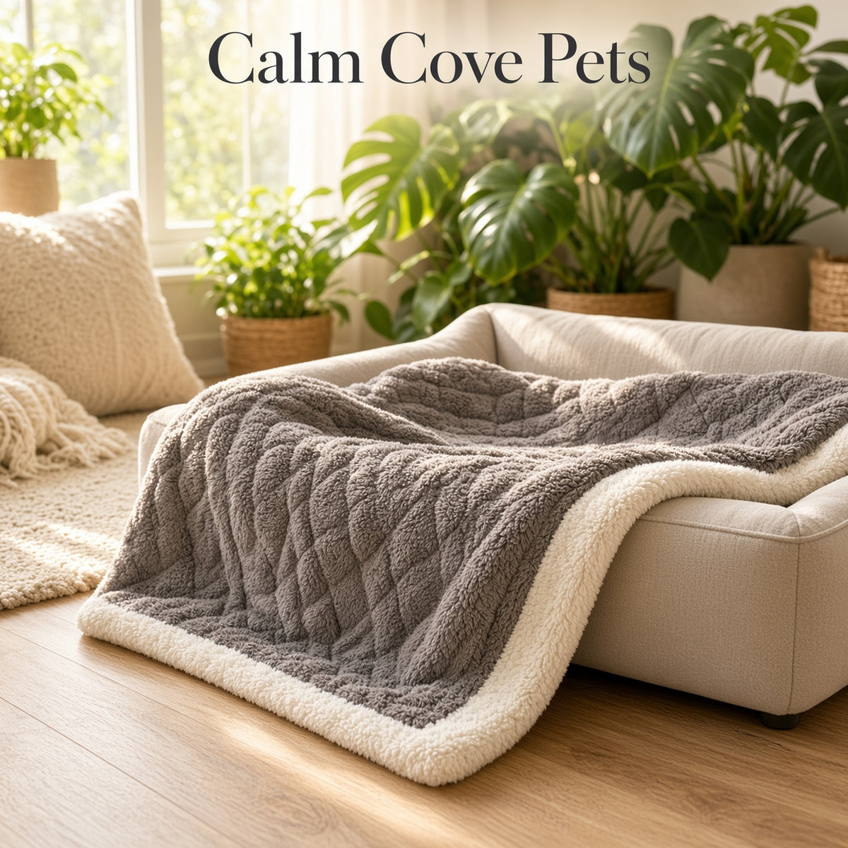 A plush gray pet weighted anxiety blanket with a cream sherpa border draped over a light beige sofa in a bright, plant-filled living room. The text 'Calm Cove Pets' appears at the top.