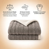 A folded gray plush weighed anxiety blanket with a cream sherpa lining is shown on a warm beige gradient background with three feature callouts and line icons: evenly distributed weight, all-season comfort, and availability in extra small to extra large sizes.