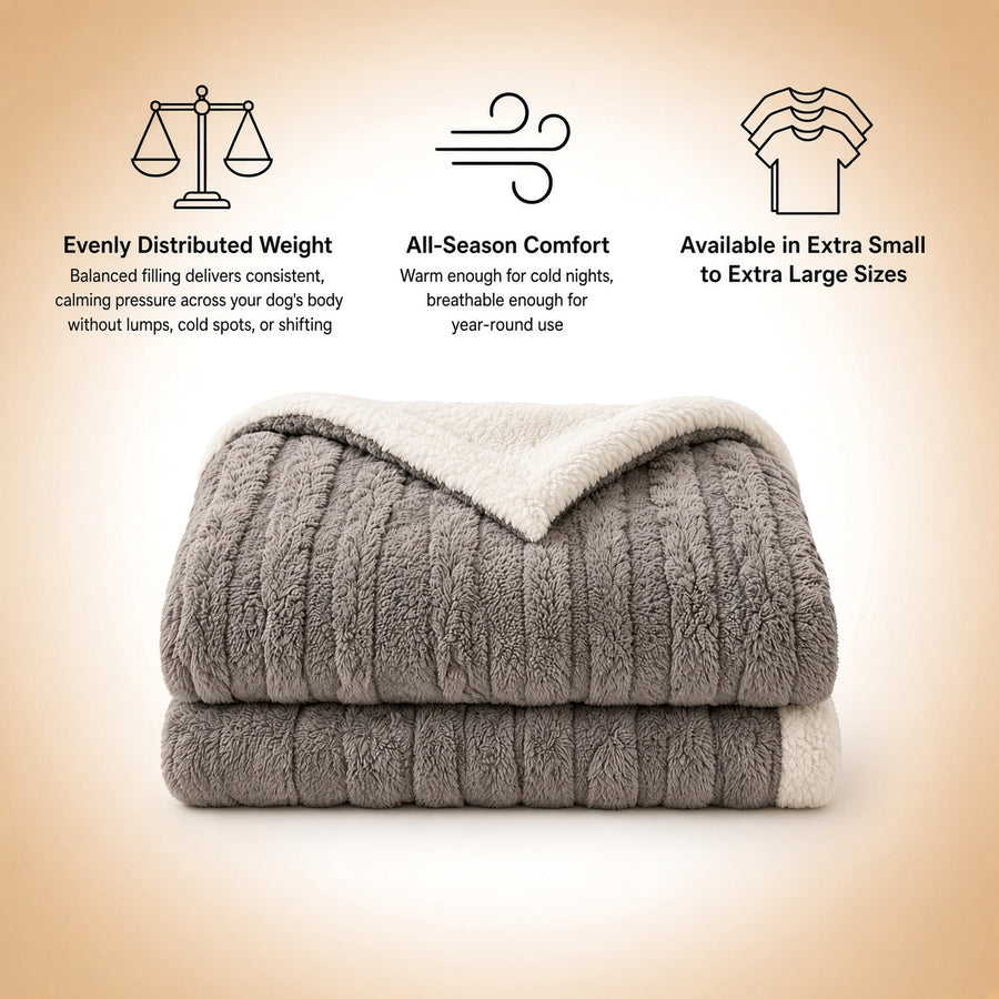A folded gray plush weighed anxiety blanket with a cream sherpa lining is shown on a warm beige gradient background with three feature callouts and line icons: evenly distributed weight, all-season comfort, and availability in extra small to extra large sizes.