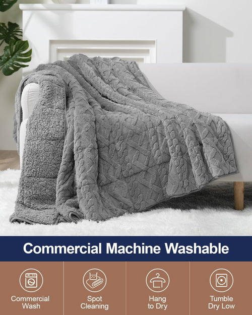 Weighted Blanket draped over couch with descriptive text: Commercial Washable, Spot Cleaning, Hang to Dry, Tumble Dry Low