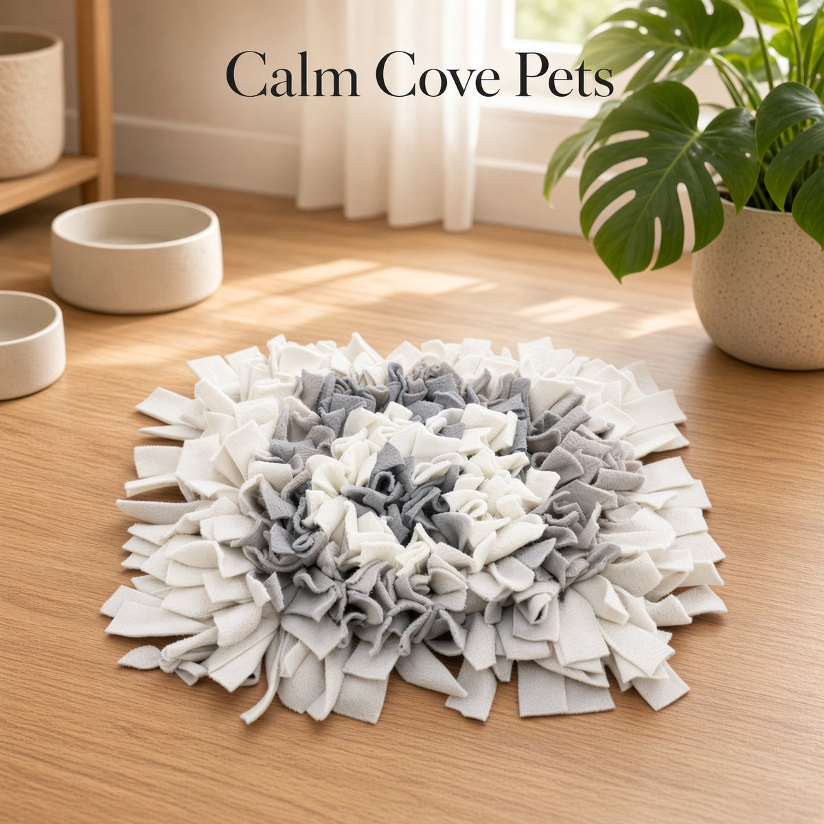 A square pet snuffle mat with a concentric design in white and gray, displayed on a light wood floor in a bright room with a plant and bowls in the background. The text 'Calm Cove Pets' is visible at the top.