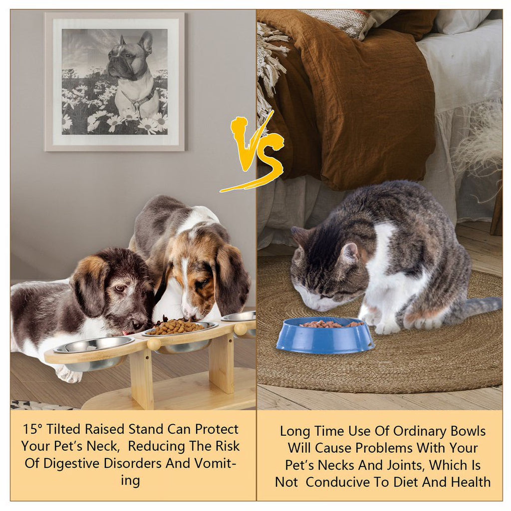 Elevated 3-Bowl Wood Stand Cat Feeder