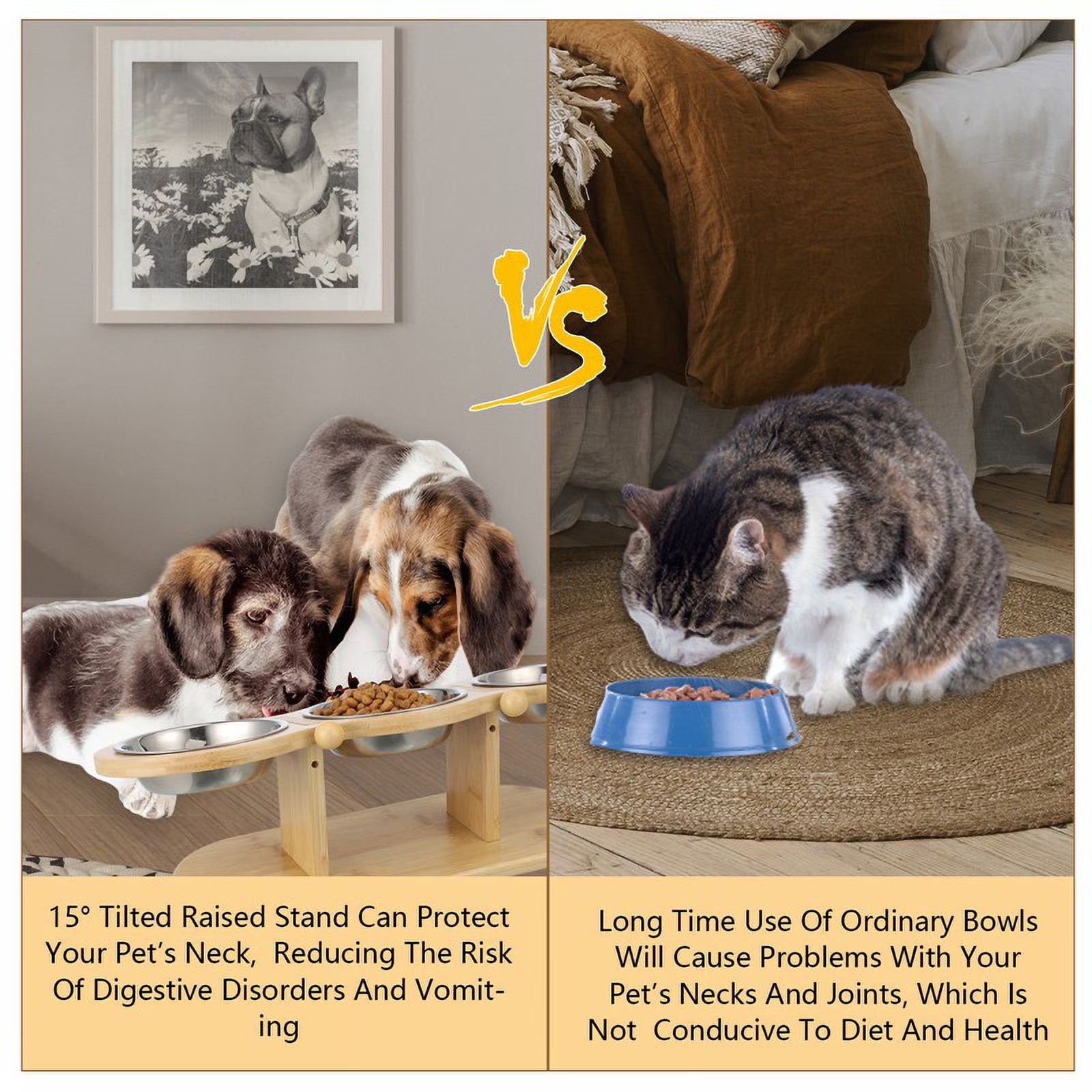 Elevated 3-Bowl Wood Stand Cat Feeder