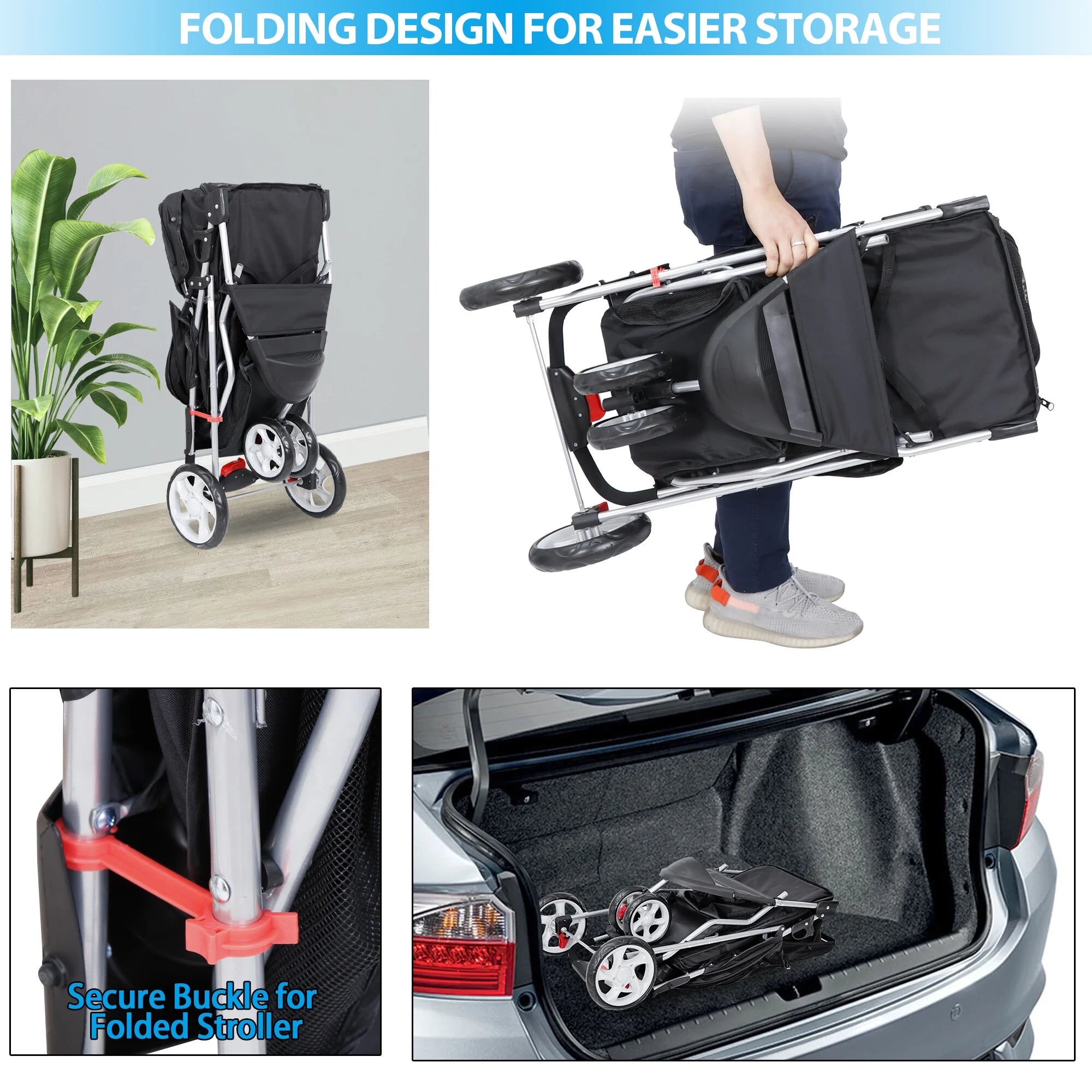 Three Wheels Pet Stroller, 360 Rotation, Folding Convertible Design, Black