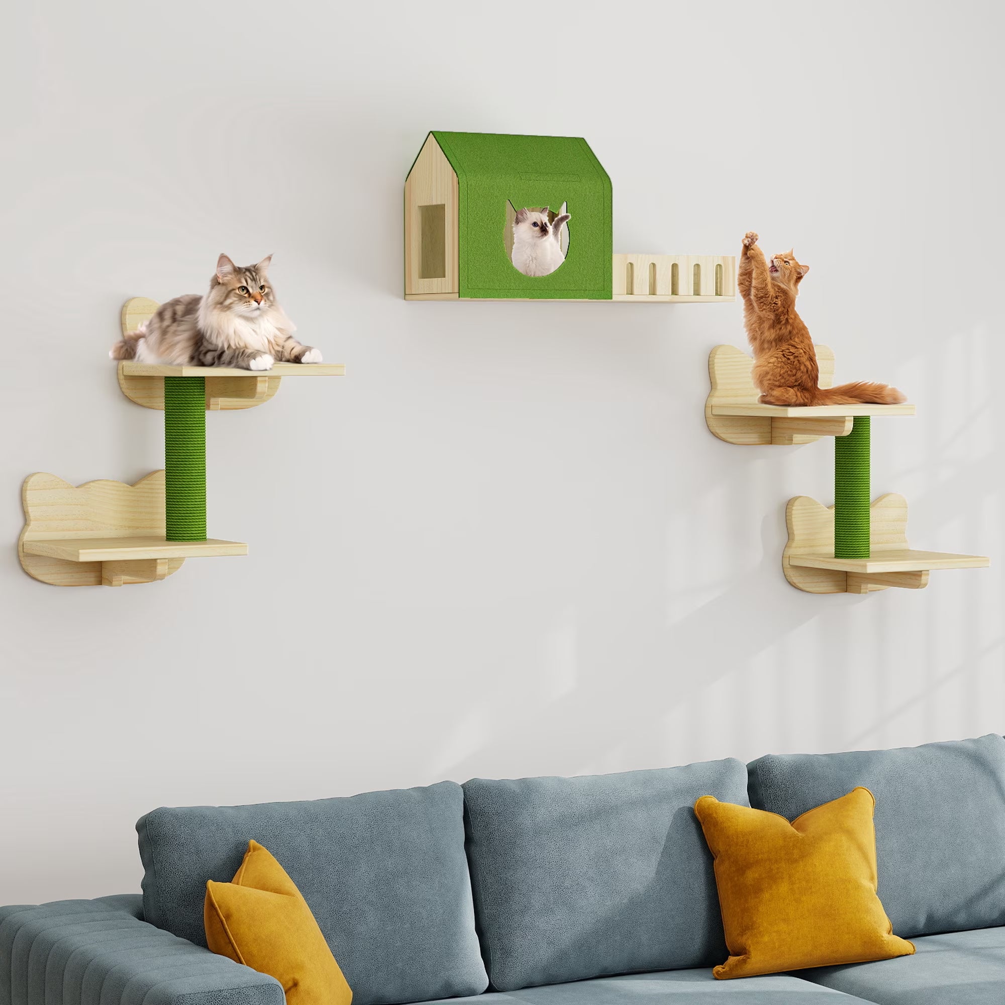 Cat Wall Shelves and Perches, Wooden Wall-Mounted Cat Furniture Set of 8 with House, 4 Perches, 2 Sisal Posts & Pom-Pom Toy for Indoor, Green & Wood