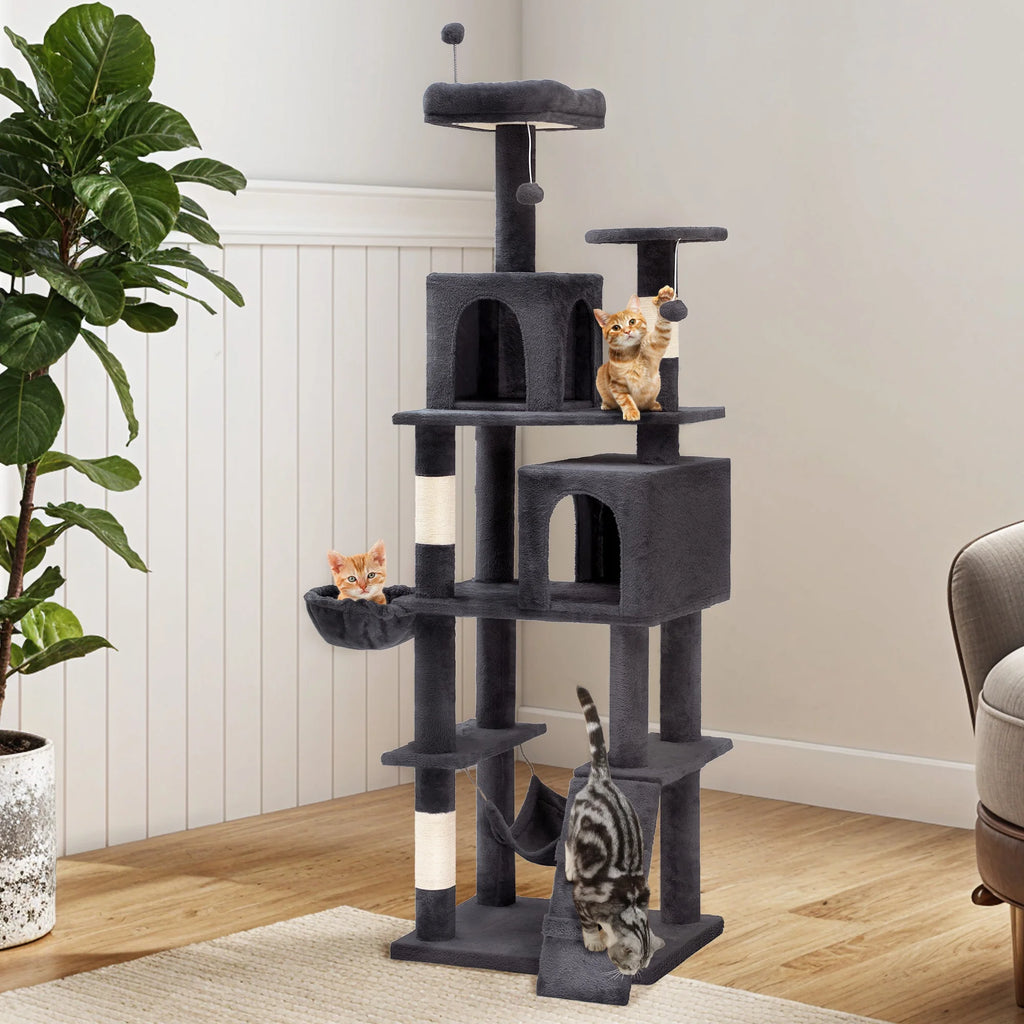 44" Multi-Level Cat Condo with Scratch Posts and Hammock, Light Gray