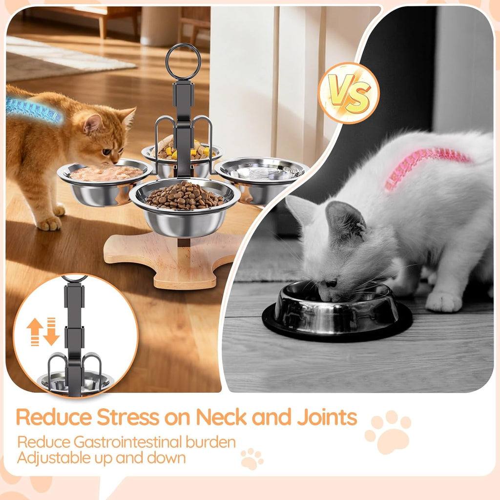 Adjustable Elevated Cat Bowls with Stand, 3 Height Raised Food & Water Bowl Set for Indoor Cats, 4 Stainless Steel Tilted Pet Dishes for Small Dogs, Non-Slip Feeding Station with Anti-Spill Design