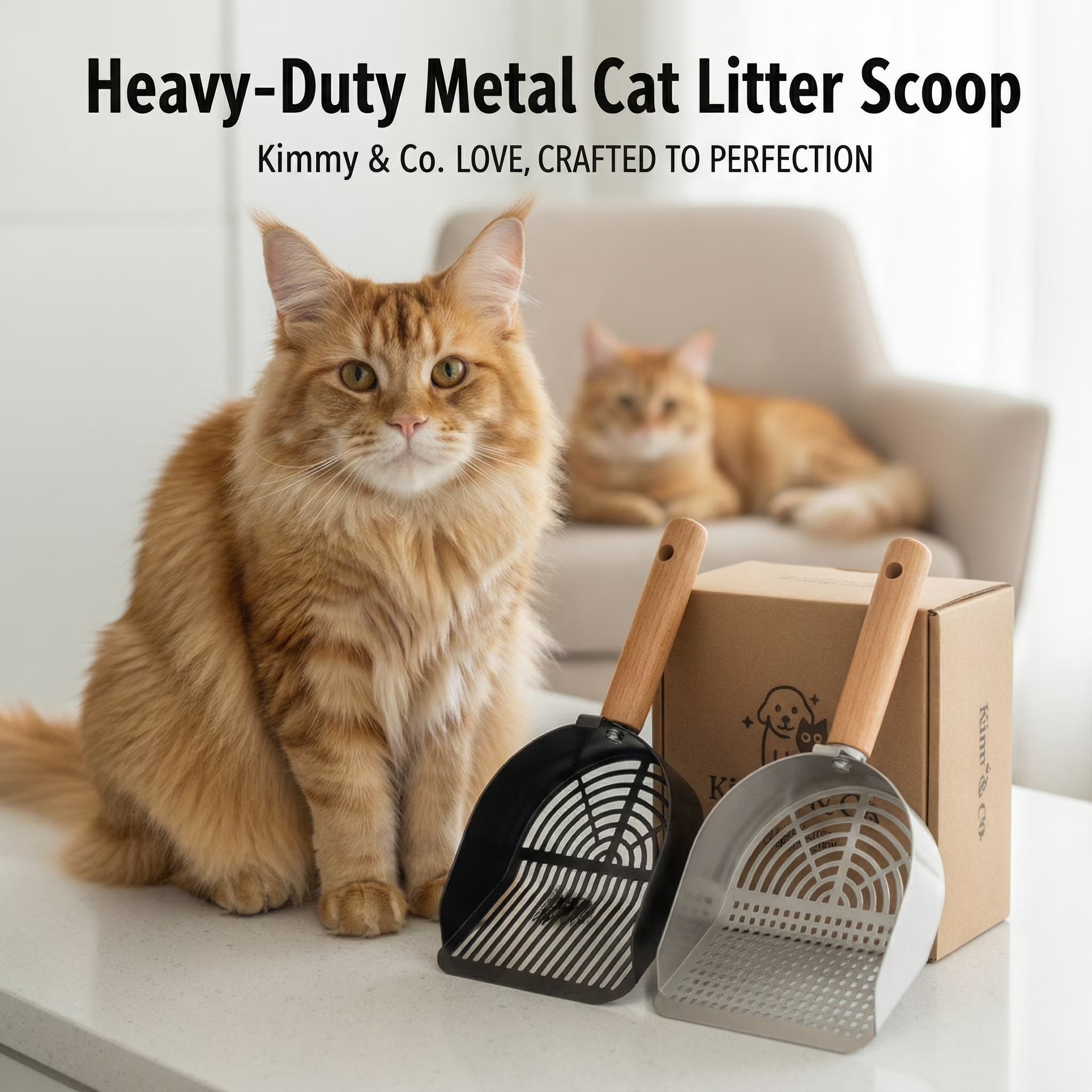 Heavy Duty Stainless Steel Cat Litter Scoop with Solid Wood Handle, Silver round Holes