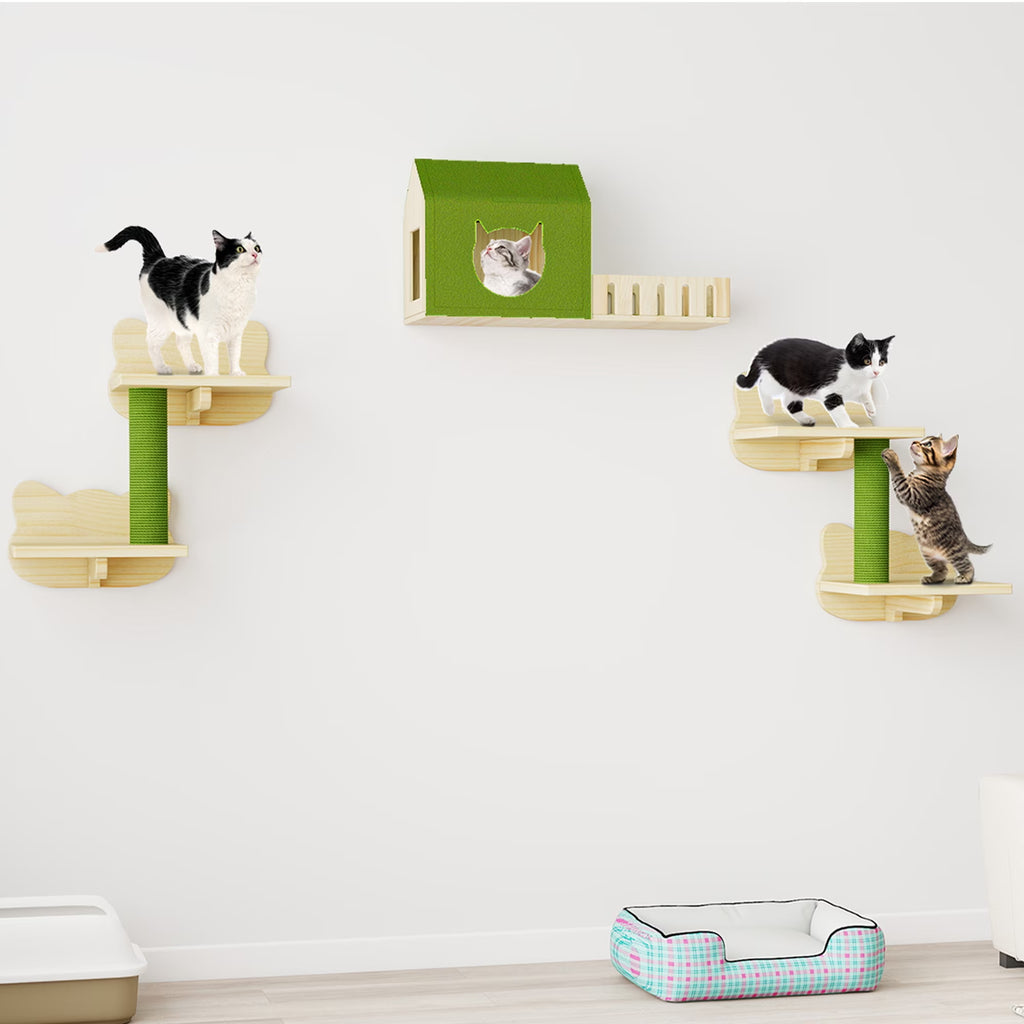 Cat Wall Shelves and Perches, Wooden Wall-Mounted Cat Furniture Set of 8 with House, 4 Perches, 2 Sisal Posts & Pom-Pom Toy for Indoor, Green & Wood
