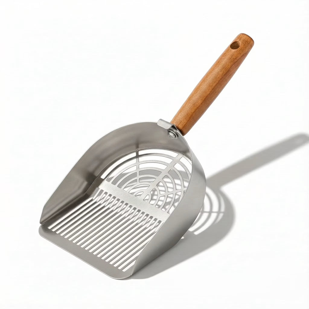 Heavy Duty Stainless Steel Cat Litter Scoop with Solid Wood Handle, Silver round Holes