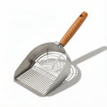 Heavy Duty Stainless Steel Cat Litter Scoop with Solid Wood Handle, Silver round Holes