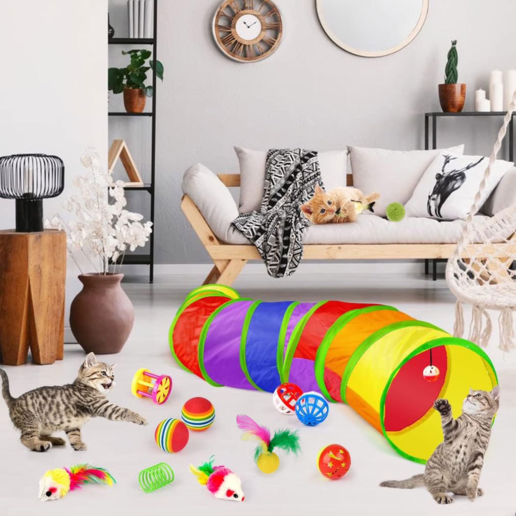 22PCS Cat Toy Set: Camouflage Tunnel, Feather Teaser & Plush/Mouse/Bell Balls (Colorful)