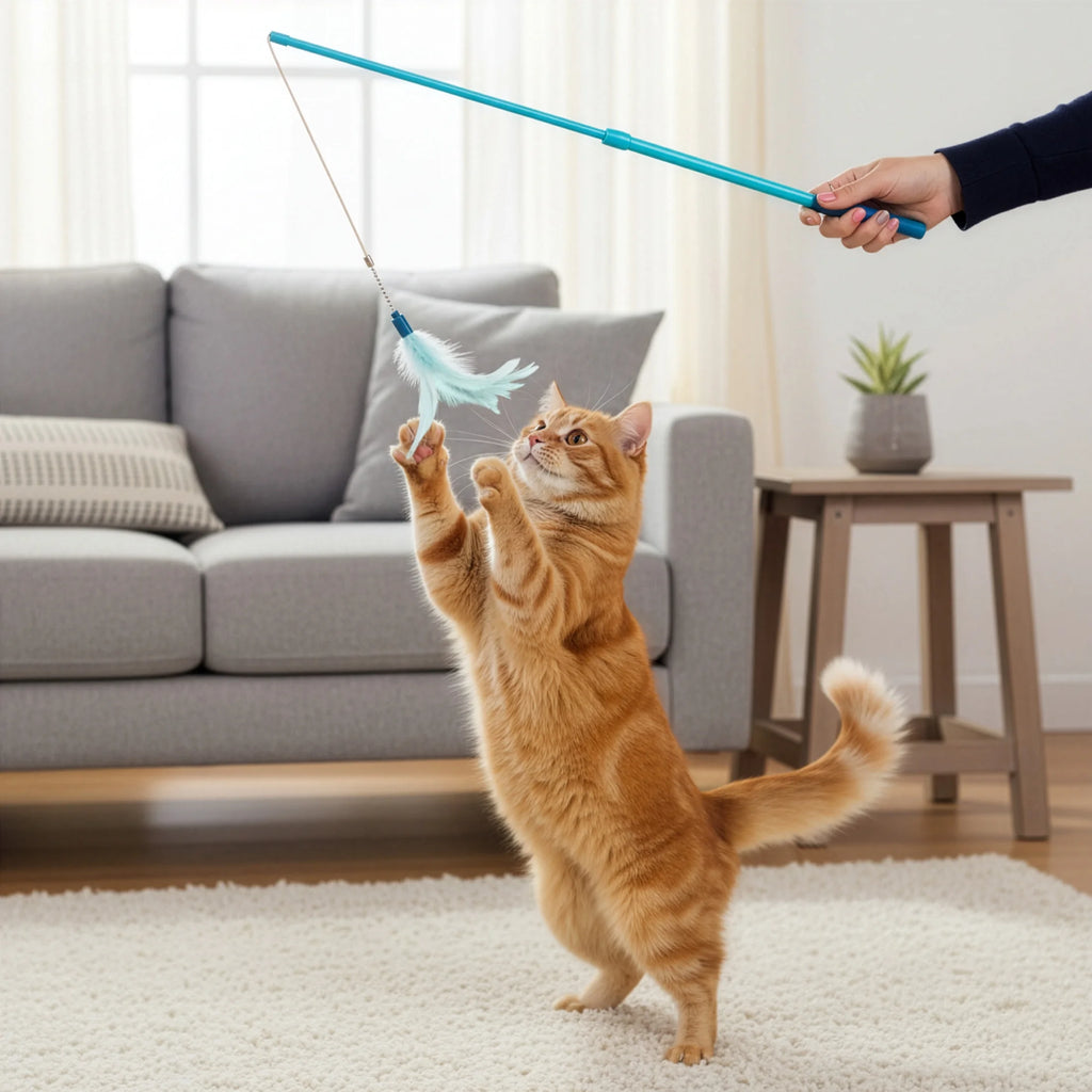Frisky Flyer, Interactive Cat Toy, Extendable and Retractable Wand with Feathers