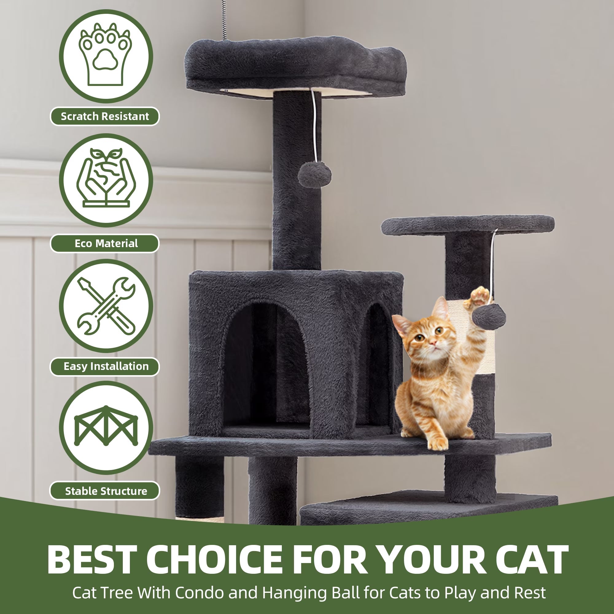 44" Multi-Level Cat Condo with Scratch Posts and Hammock, Light Gray