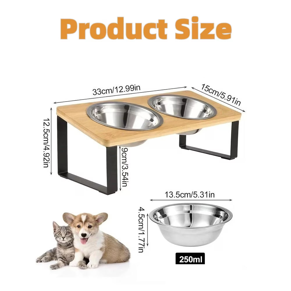 Elevated Cat Bowls for Food and Water, 15° Tilted Raised Stainless Steel Cat Food Bowl, Iron Wood Stand with anti Vomiting Dishes for Indoor Cats, Dogs and Pet