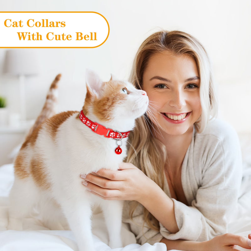 Taihexin 10 Pack Cat Collars with Bells, Puppy Id Collars, Adjustable 7.5-12.6 Inch Safety Buckle Nylon Kitten Collar with Name Tag, Cat Collar for Girl Cats Male Cat (10 Colors & 2 ID Tags)