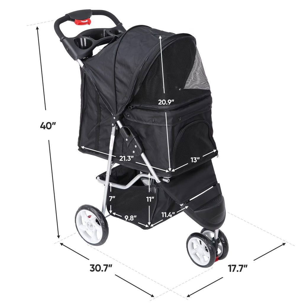 Three Wheels Pet Stroller, 360 Rotation, Folding Convertible Design, Black
