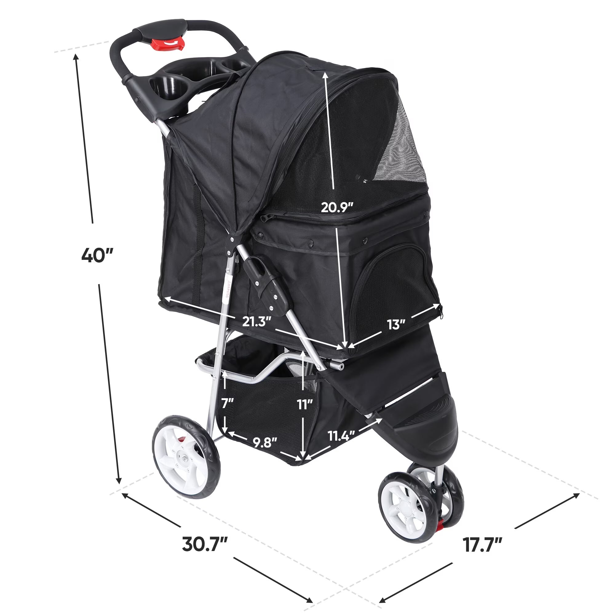 Three Wheels Pet Stroller, 360 Rotation, Folding Convertible Design, Black